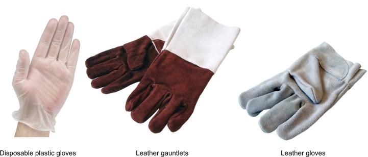 Leather gloves, disposable plastic gloves